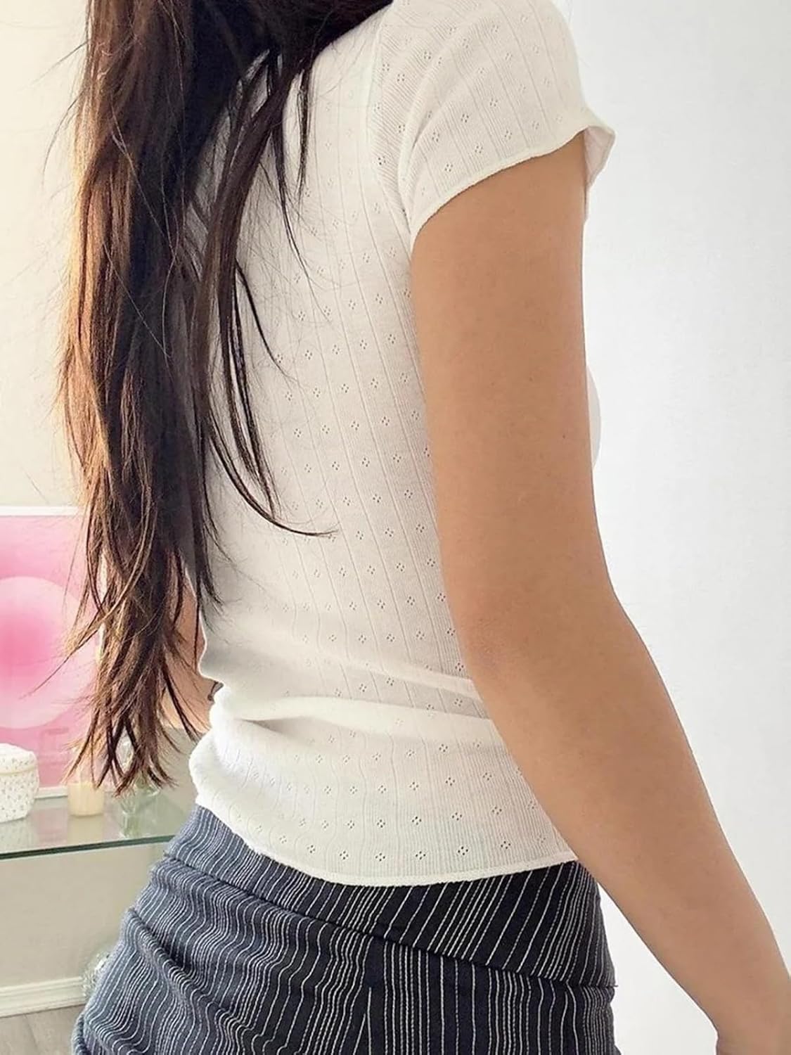 Cioatin Women Y2K Lace Bow Patchwork Pointelle Crop Tshirt Short Sleeve Scoop Neck Fitted Girls Coquette Tee Tops Summer - Image 3