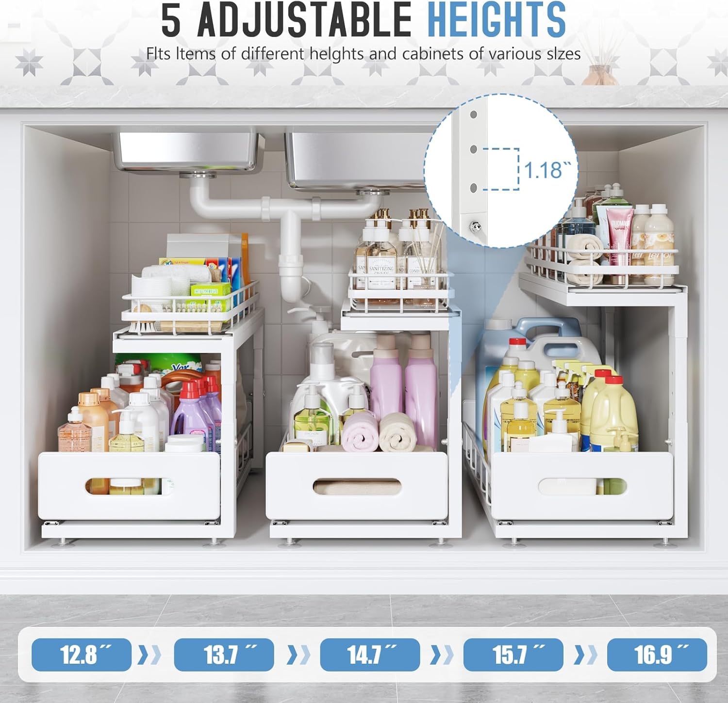 Under Sink Organizer Upgrade To Professional Rails,2-Tier Dual Pull Out Cabinet Storage,Height Adjustable Slide Out Drawers For Bathroom Kitchen,2 Pack-14.5"Dx12.8"-16.9"H,White - Image 6