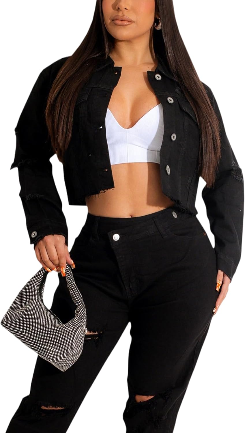 Women's Denim Jackets Cropped Jean Jacket Long Sleeve Casual Button Down Crop Jean Jacket