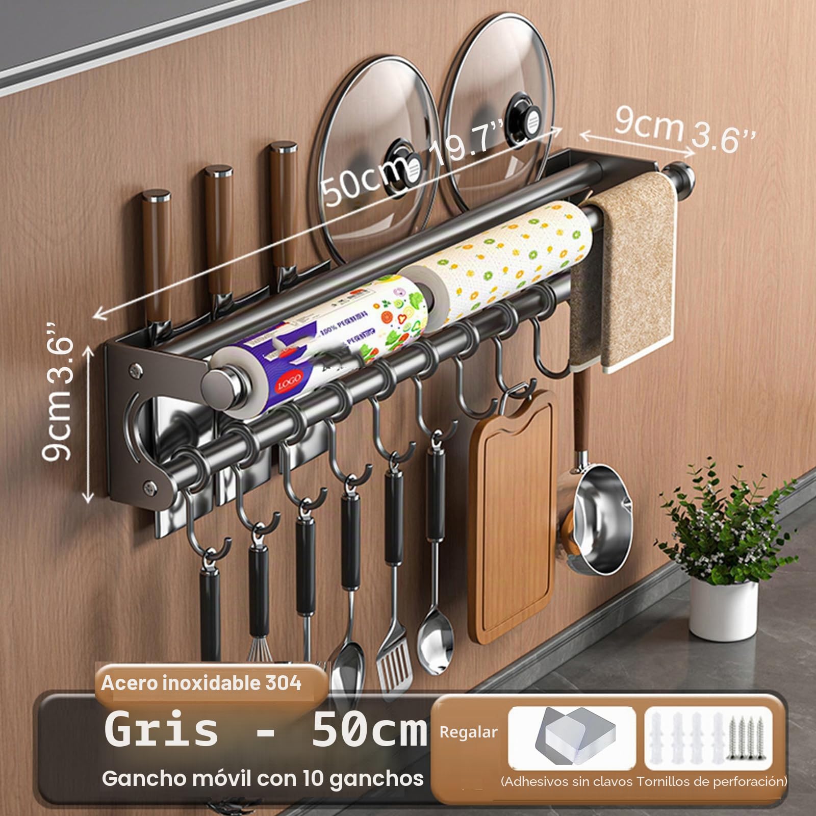 Varilla de pared del organizador de cocina,Estante de maceta colgante,Asistente de Chef de soporte de cocina, Estante de utensilios de cocina de ahorro de espacio con ganchos (Grey 50CM)
