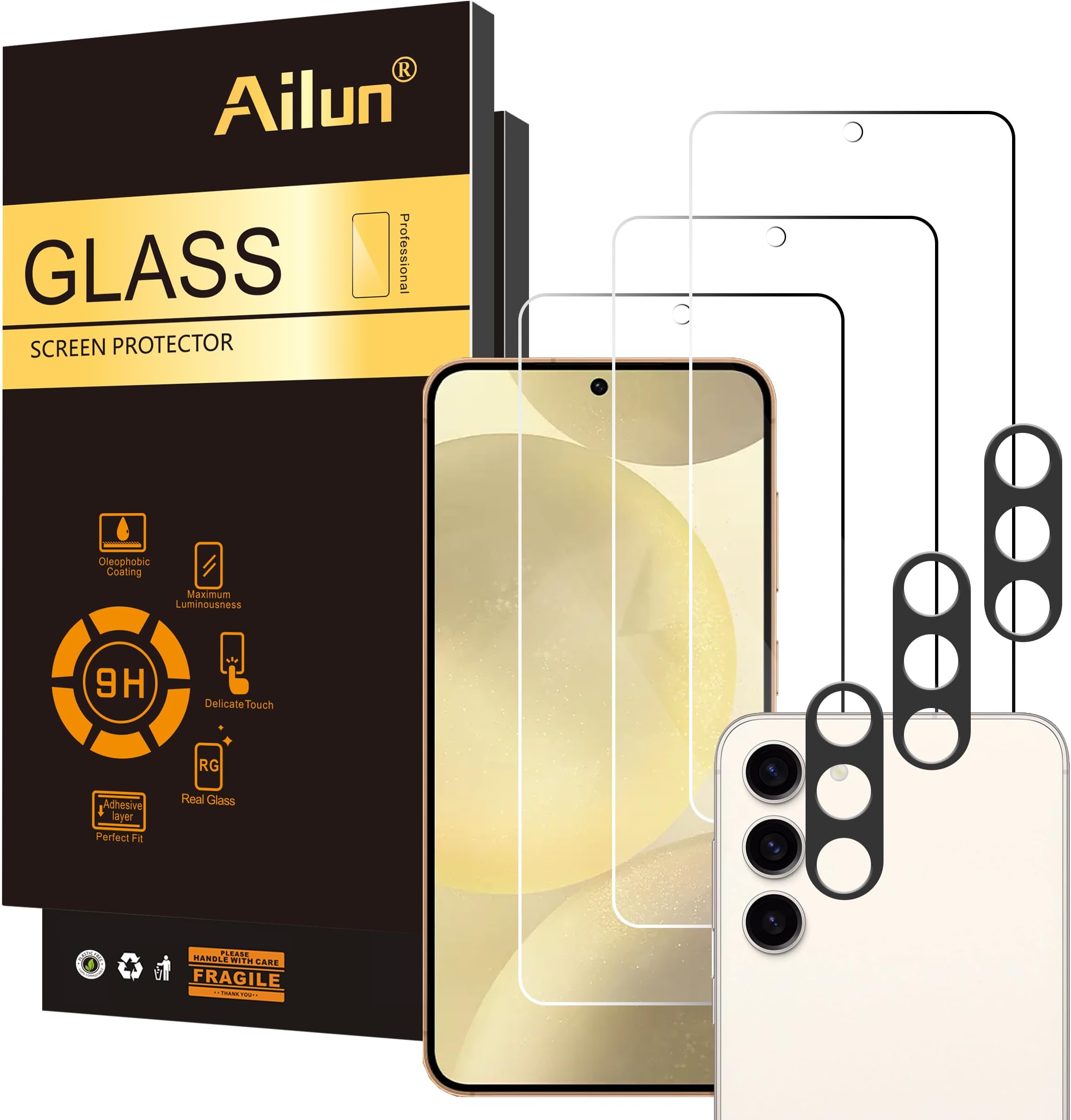 Ailun Glass Screen Protector for Galaxy S24 3 Pack + 3 Pack Camera Lens Tempered Glass Fingerprint Unlock Compatible 0.25mm Ultra Clear Anti-Scratch Case Friendly