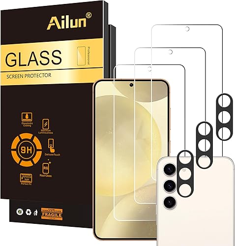 Ailun Protector de pantalla de vidrio para Galaxy S24, paquete de 3 + 3 unidades de lente de cámara, vidrio templado, desbloqueo de huellas