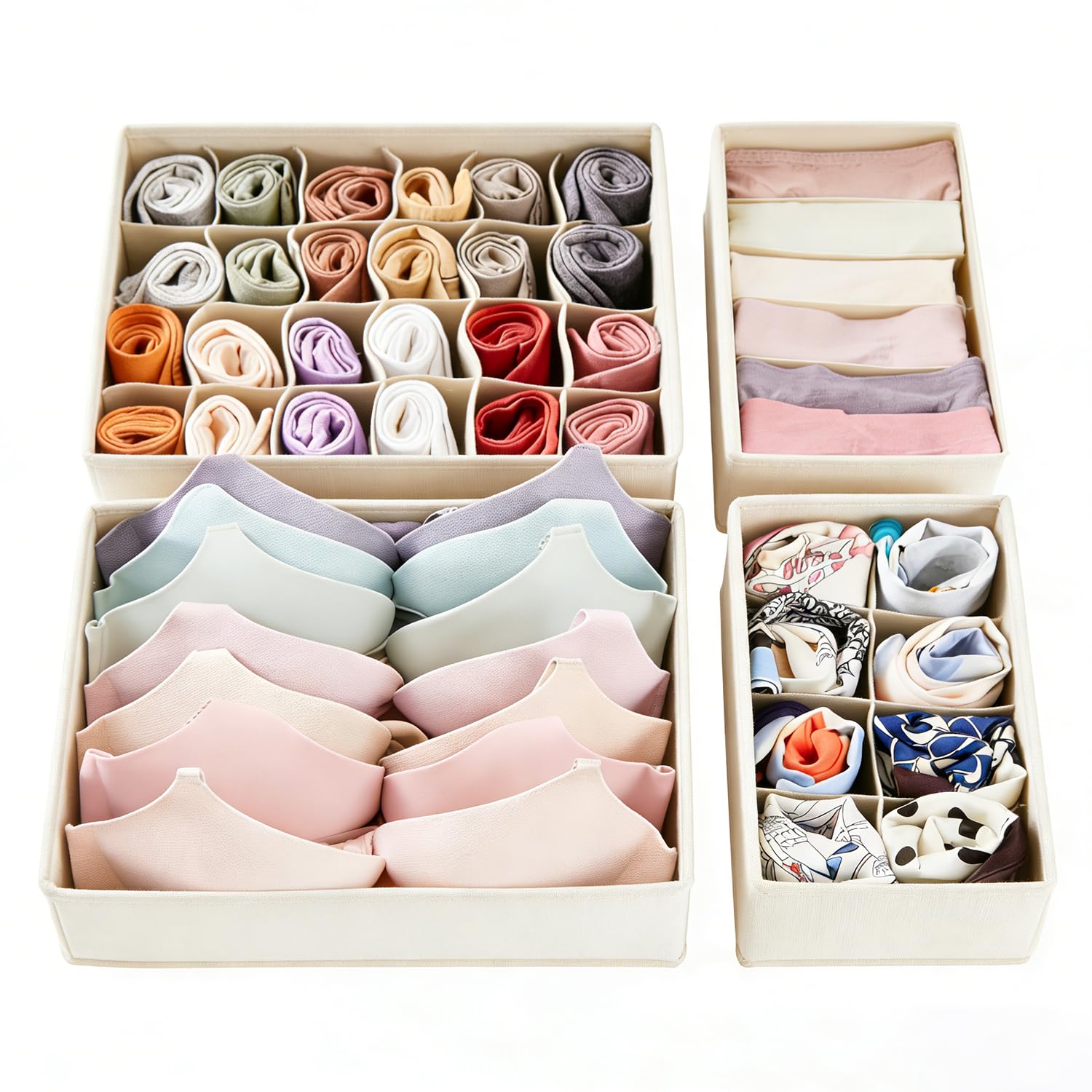 Organizador de Cajones, 4 Set Organizador Ropa Plegable Multifuncional, Organizadores de Ropa Interior lavables, Cajas de Almacenamiento para Clasificar Corbatas, Calcetines,Bufandas (Blanco roto)