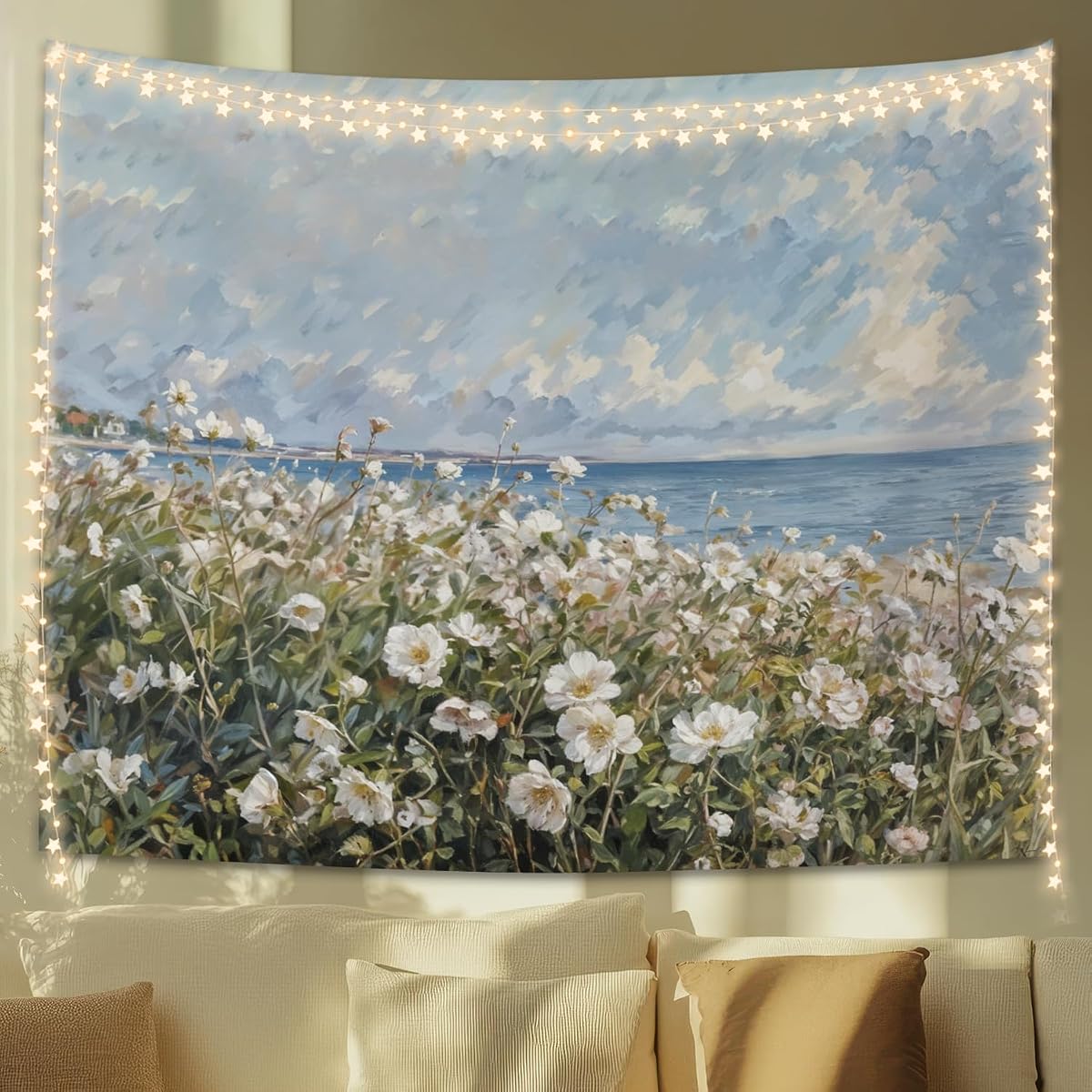 STHTTSW Tapiz de flores silvestres costeras, tapiz de paisaje de campo de flores, manta de pared, decoración floral para colgar en la pared, para adolescentes, niñas, mujeres, hogar, sala de estar, dormitorio, 50 x 60 pulgadas