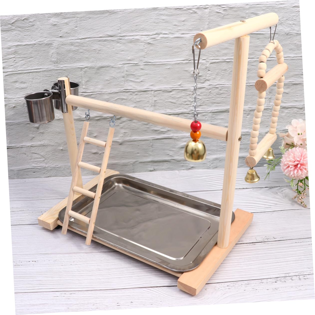 Papageienspielplatz mit Edelstahl Napfhalterung Vogelschaukel und Leiter Robust für Käfig und Garten Wellensittiche Zubehör Käfig Zufällige Farbe