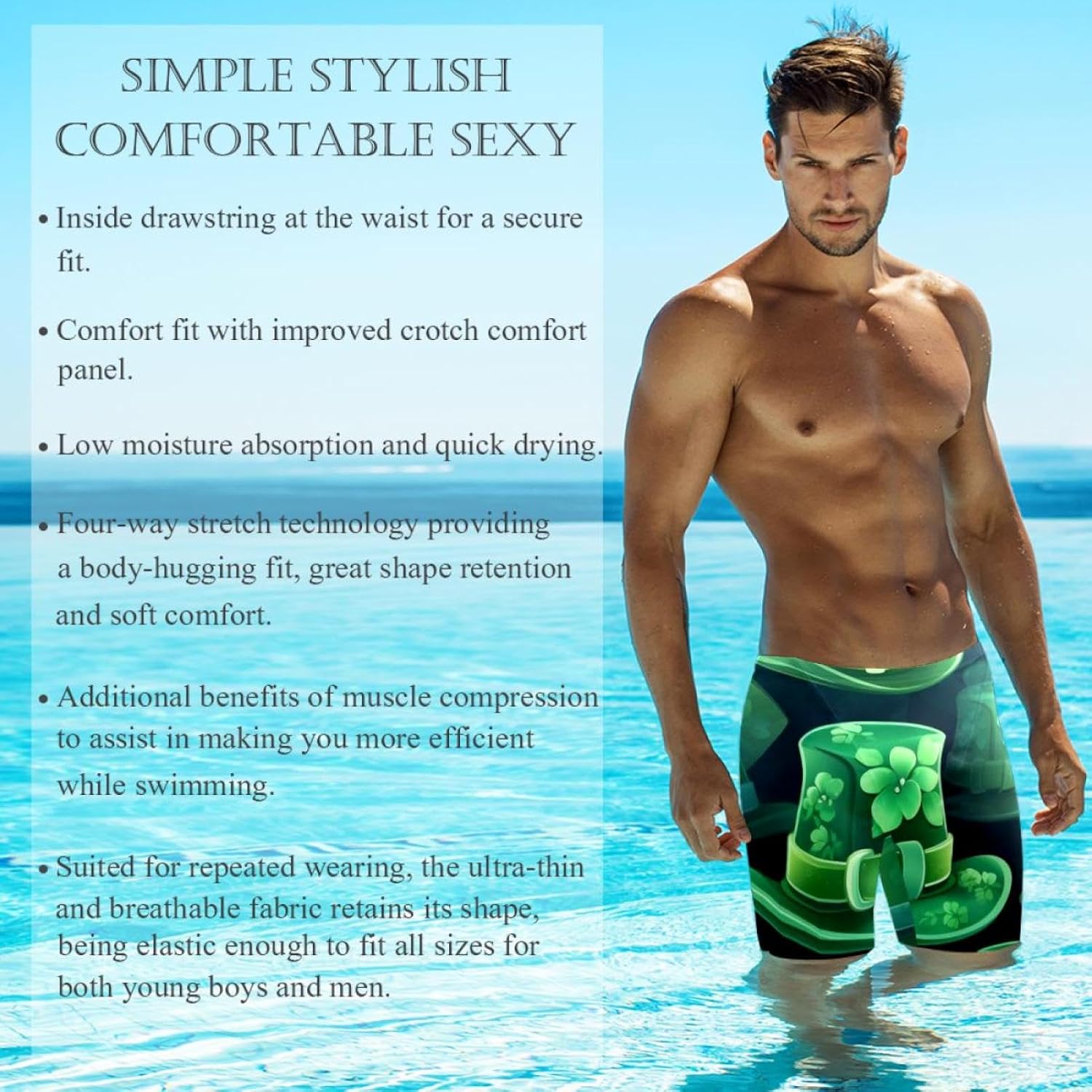 St Patrick's Day Jammers for Men, Size S to 3XL Swim Jammer Swimsuit for Practice and Competition Swimming