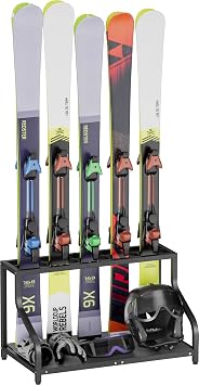 Mondazie Ski Storage Rack for Garage Freestanding Ski Holder for 5 Pair Skis, Helmet, Goggles, gloves, Indoor Snowboard Rack Organizer Stand for Home, Shed, Basement, Black