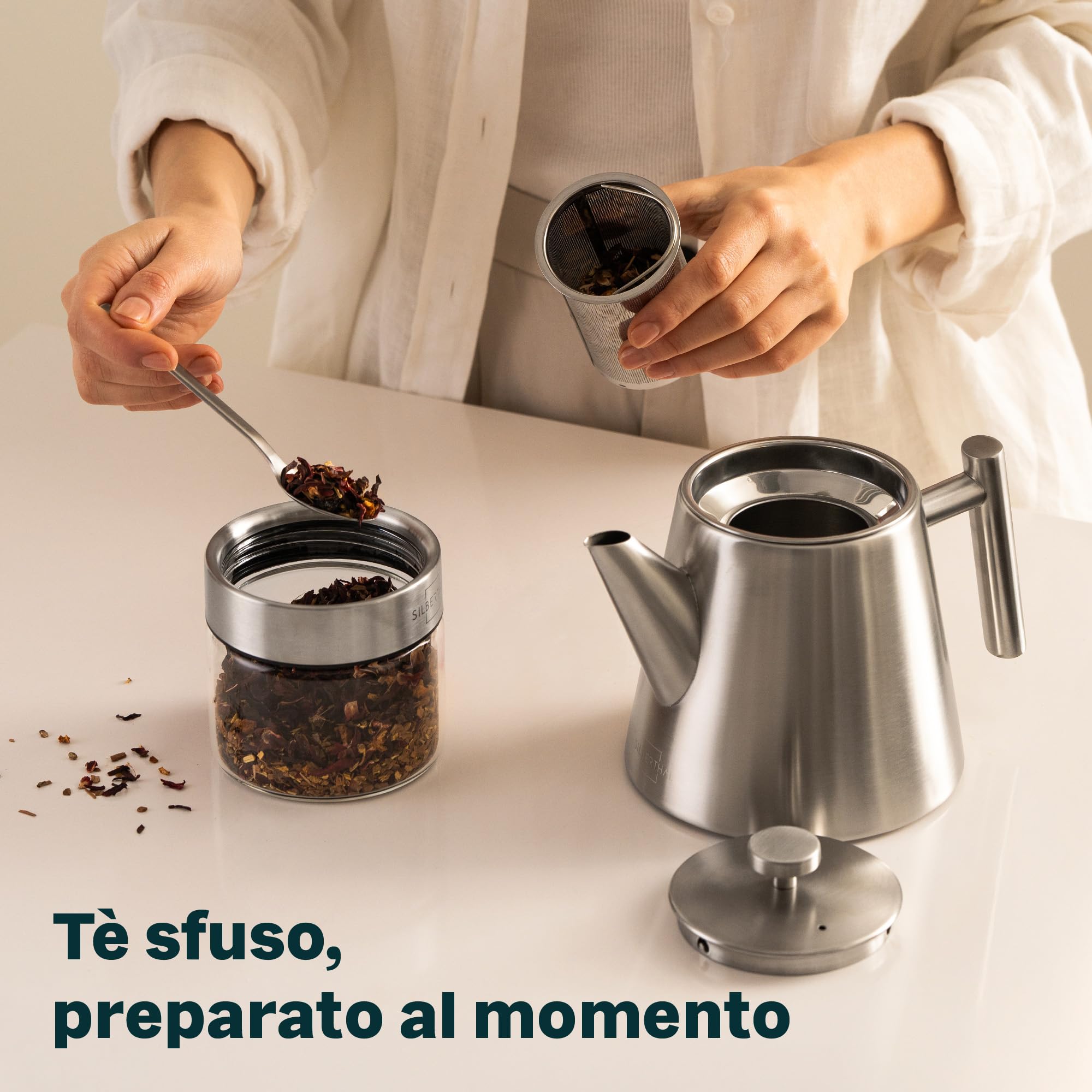SILBERTHAL Teiera con infusore 1L - Acciaio Inox - Mantiene il tè caldo - Isolamento a doppia parete - Teapot