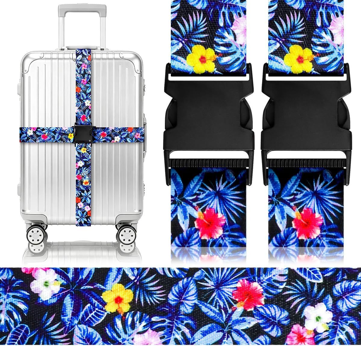 Gutsdoor Luggage Straps for Suitcases Adjustable Travel Belt, Connector Holds Suitcase Bright Colorful Identifiers Travel Bag Accessories (Island Bloom)