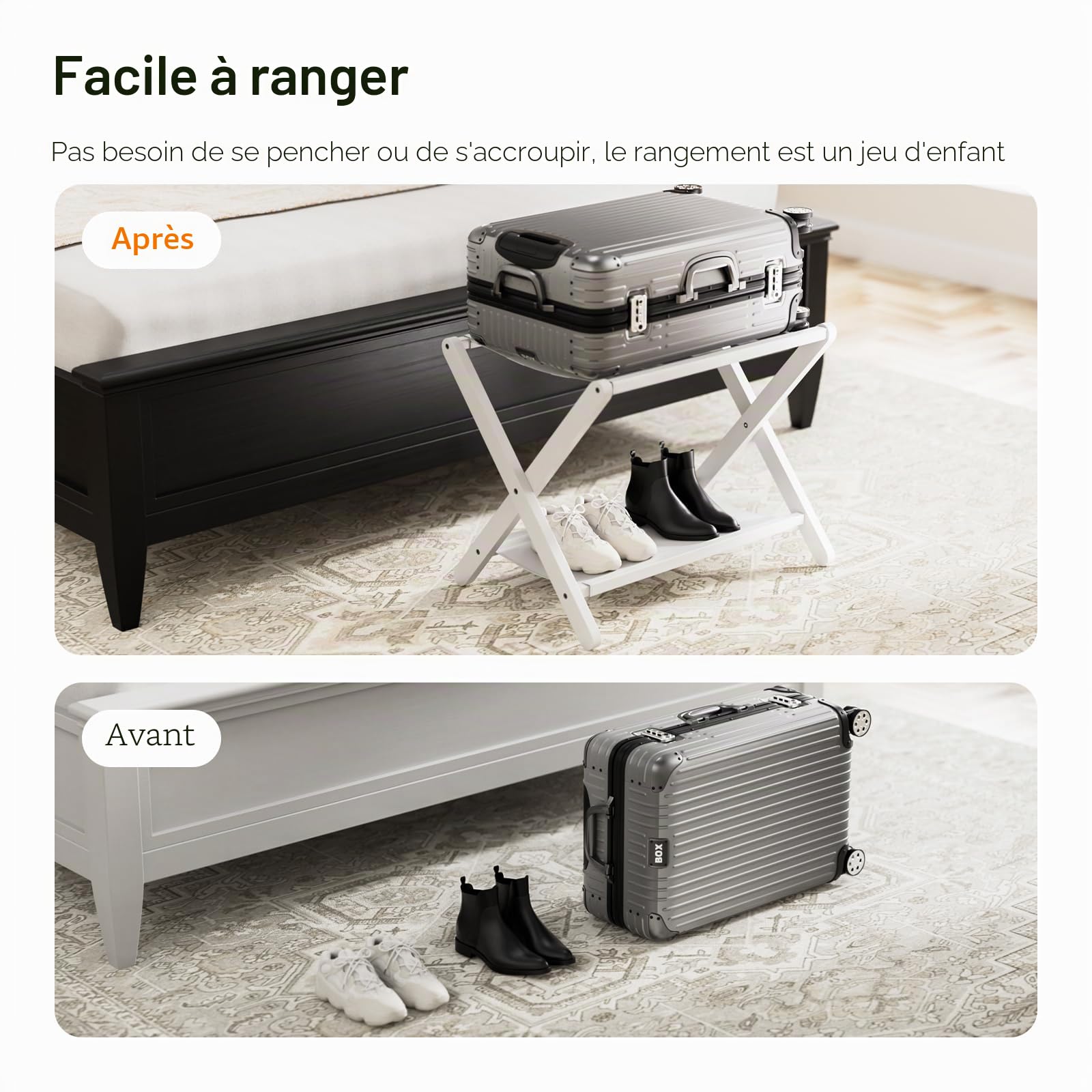 HITNET Porte Valise pour chambre, Lot de 2, Repose Valise Hotel Pliable, Porte Bagage en Bambou, Baggage Stand avec étagère, montage facile, blanc