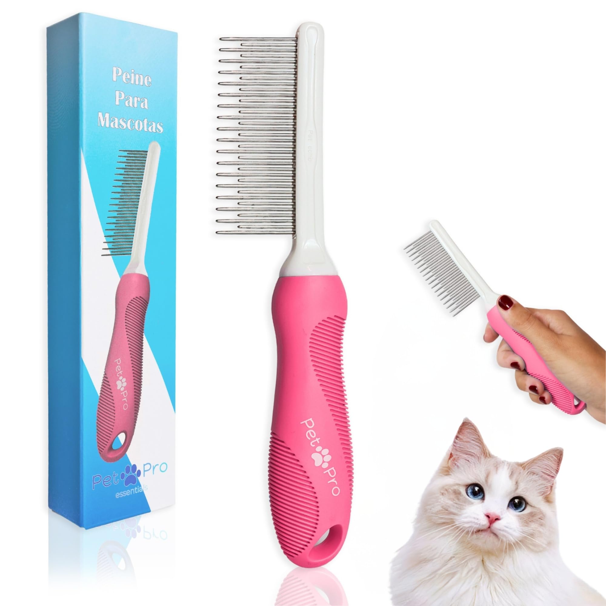 Pet Pro Essentials Peine para gatos o Peine perro con mango Confortable, Peine perro pelo corto y Peine perro pelo largo, Peine gato y Mascotas para Eliminar Nudos y Enredos (ROSA)