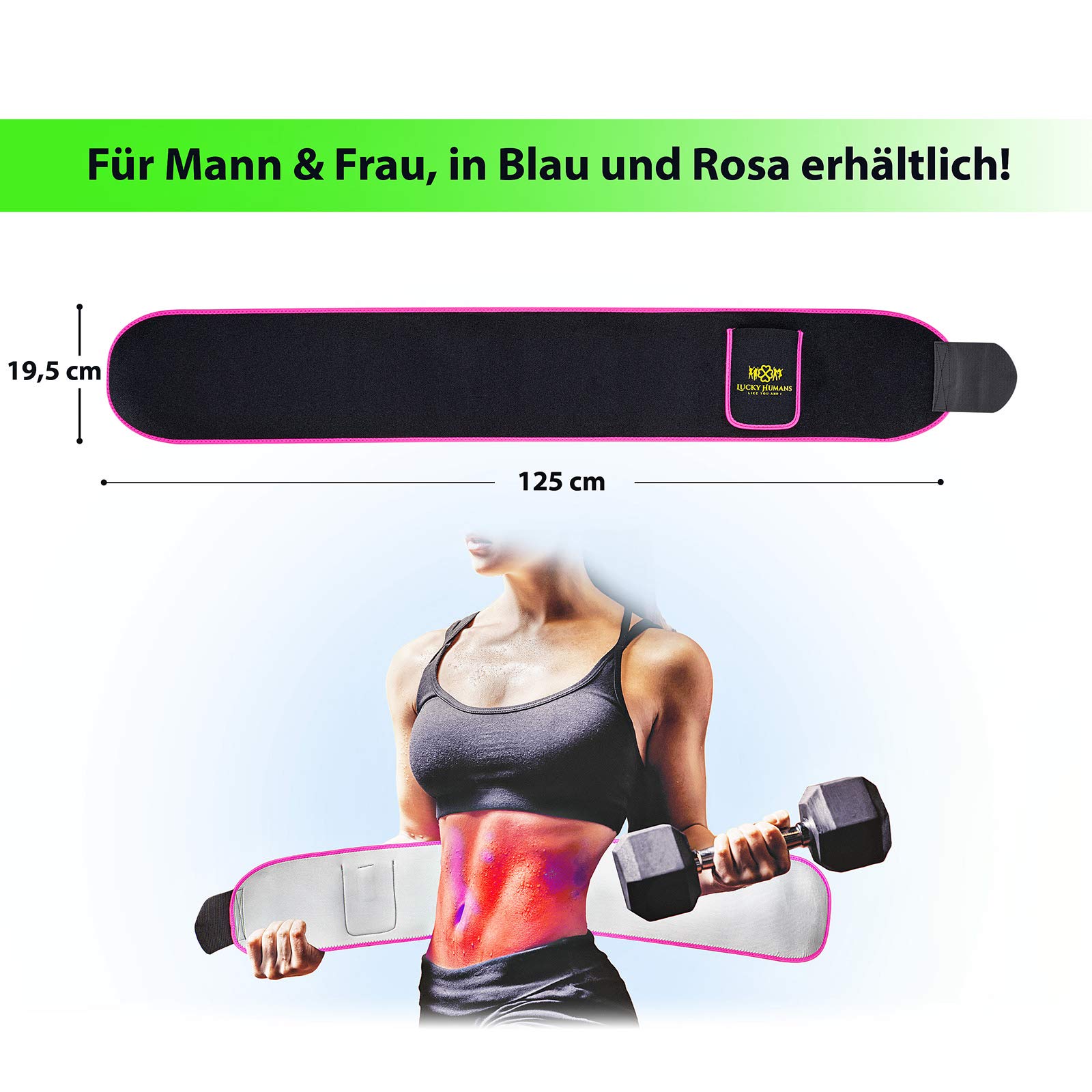 Lucky Humans® Hochwertiger -2021- Bauchweggürtel Herren Damen, Hula Hoop Gürtel, Schwitzgürtel, Bauchgürtel Neopren Nano Silber, Bauch Weg Trainer, Sweat Belt Waisttrainer (Rosa)
