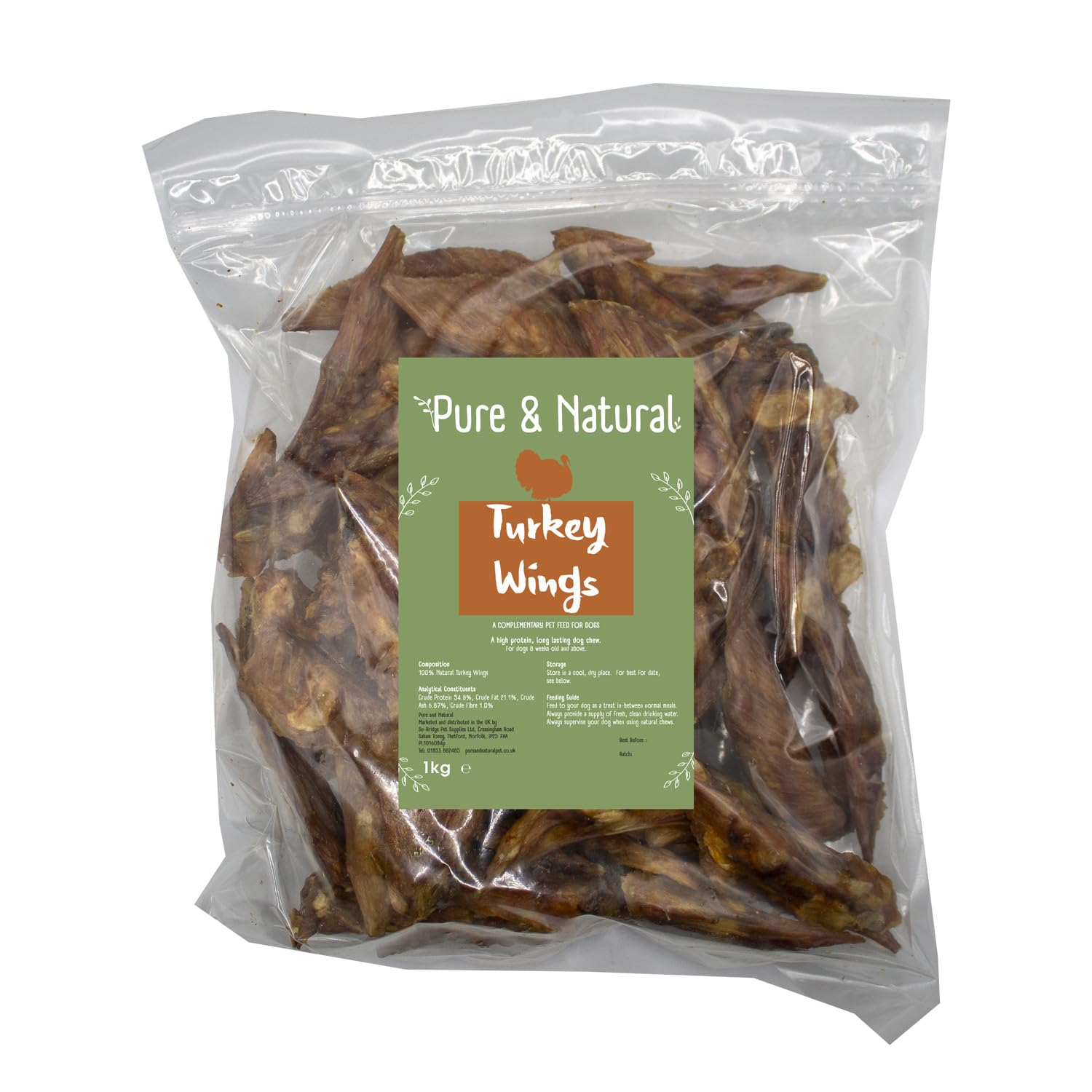 Pure & Natural Dried Turkey Wings for Dogs - Delicious Natural Dog Treats, Grain Free, High Protein and Low Fat Hypoallergenic Dog Chews - 1kg