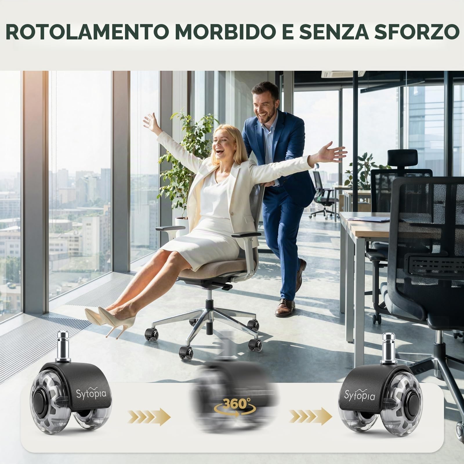 Sytopia Set di 5 ruote per sedia da ufficio, 11 x 22 mm, super silenziose e morbide, per pavimenti duri, parquet, moquette, laminato, non richiede tappetino protettivo per pavimento (non adatto per