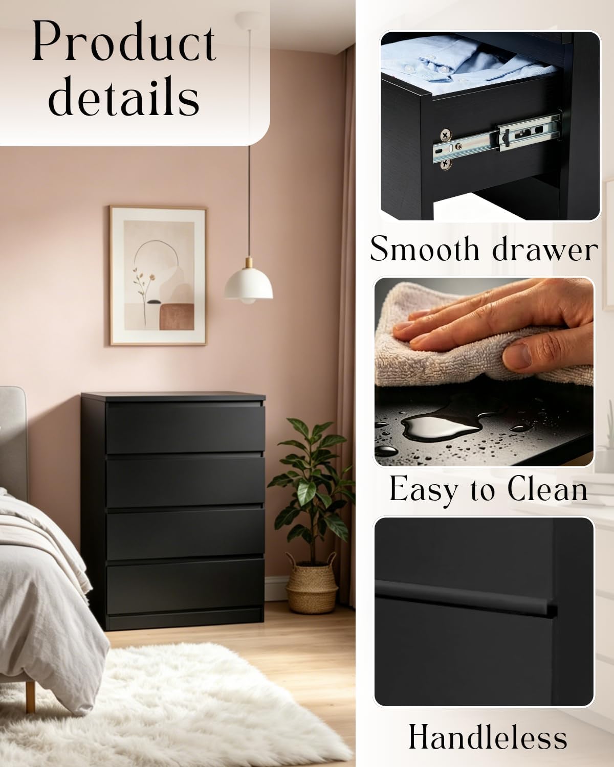 LEADZM Kommode Schlafzimmer Kommode mit 4 Schubladen, Schwarz