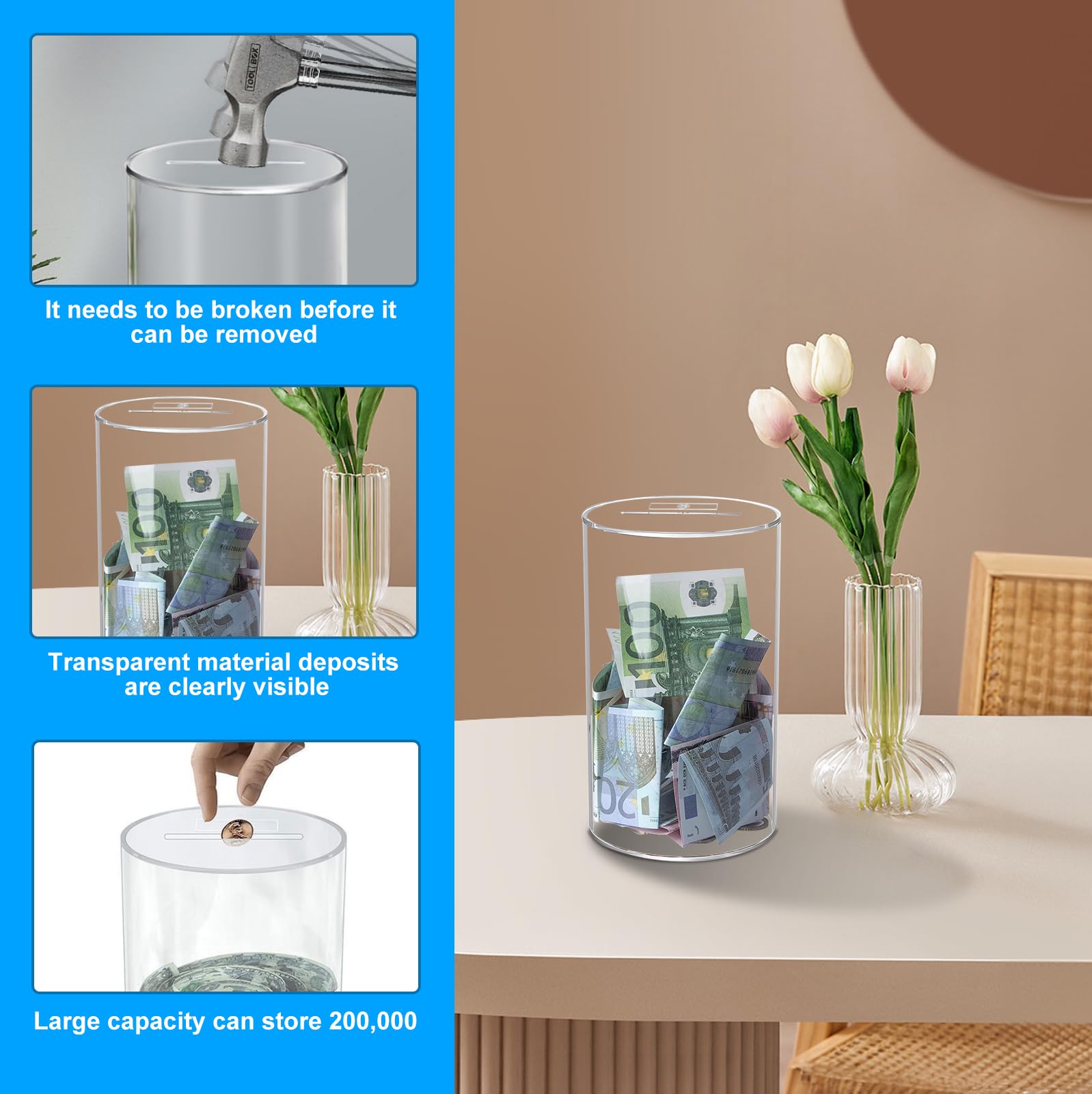 Grande tirelire en acrylique transparente qui ne s'ouvre pas - Cochon rond transparent pour tout-petits, filles et filles