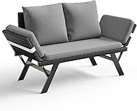 TAVATA Grey Woven Rattan Outdoor Patio Loveseat - Convertible Sofa Bed with Adjustable Armrests, Removable Cushions & 2 Pillows