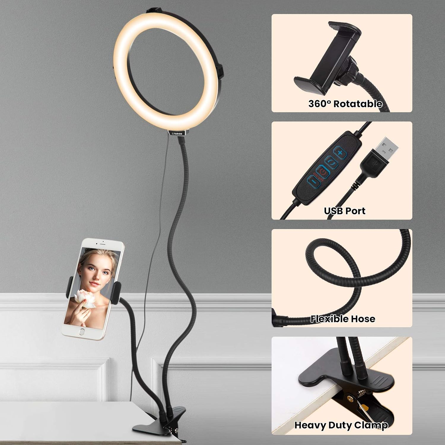 TARION 8 inch Selfie Ring Light with Phone Holder Clamp On Ring Light for Desk Tabletop Ring Light 10-Level Brightness Flexible Gooseneck Stand for Live Stream Video Photography Videography Conference