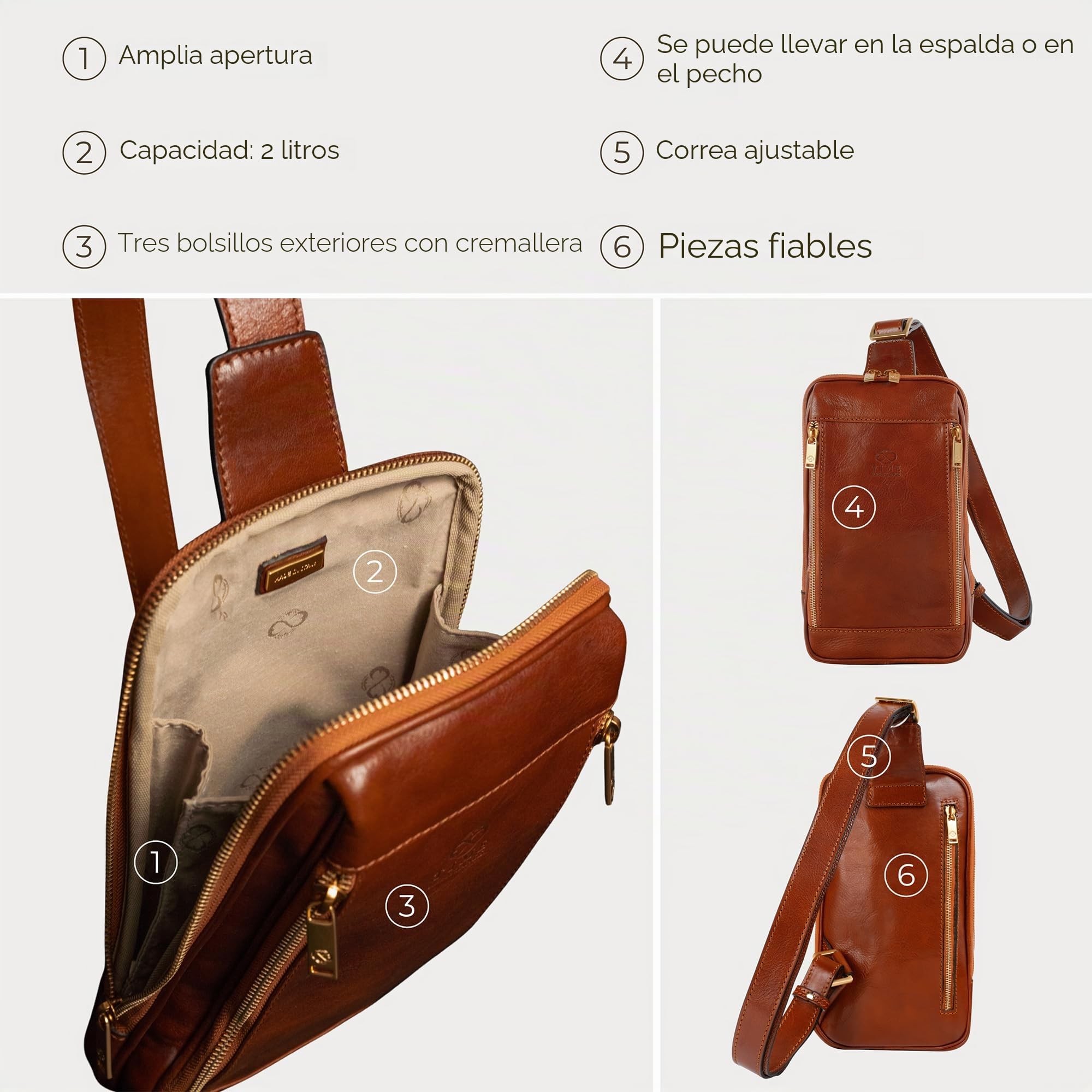 Time Resistance Bandolera de cuero - Bolso bandolera marrón - Bolso bandolera para hombres y mujeres - Mochila de hombro hecha a mano