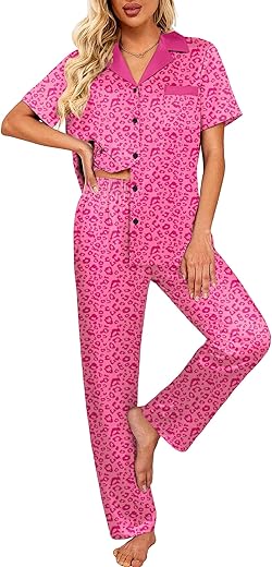 Ekouaer Satin Pajamas Set for Women Silk Button Down Sleepwear Short Sleeve Loungewear 2 Pieces Nightwear