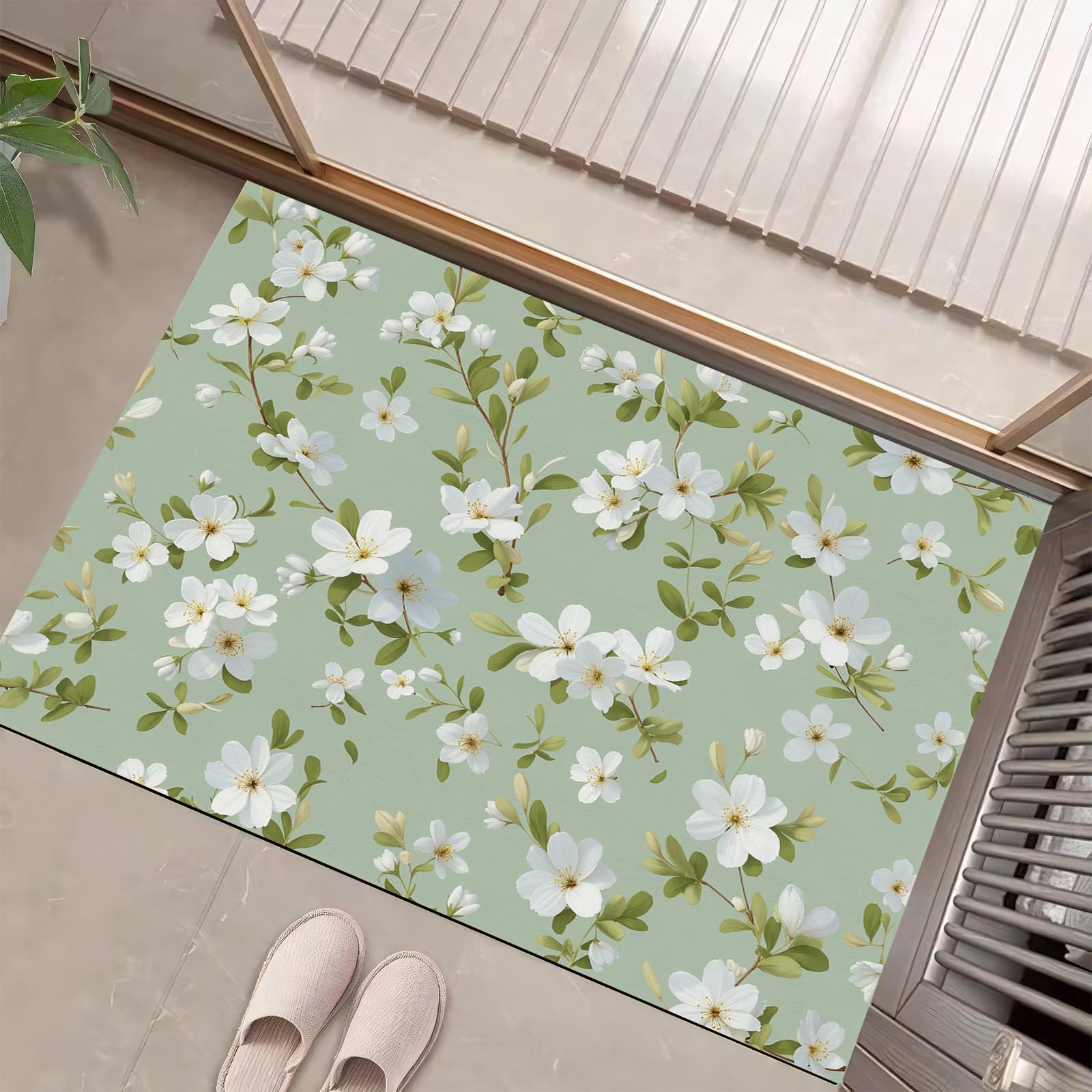 Tapis de intérieur 60 x 90 cm et paillasson d'intérieur lavable vert clair floral