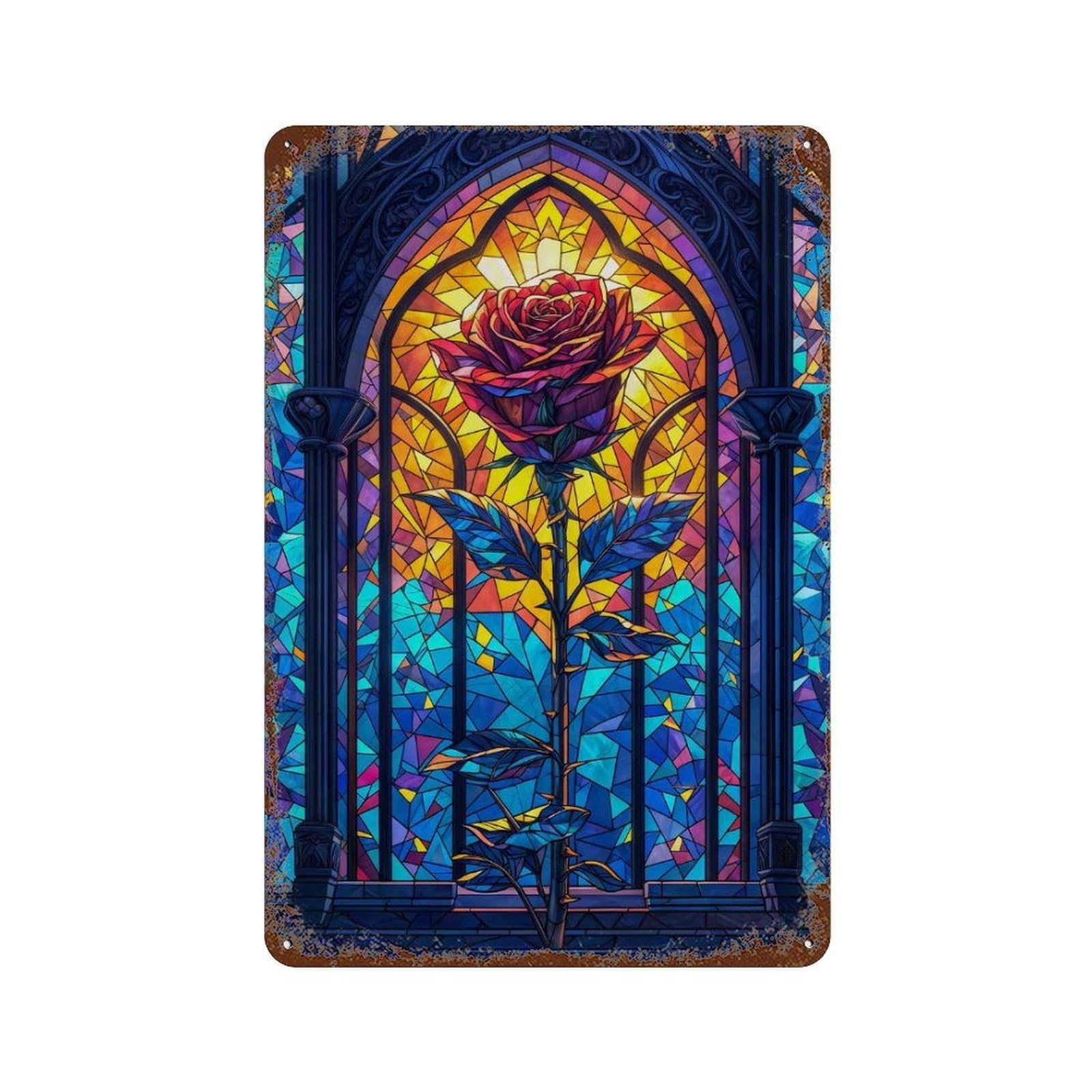 Rose Stained Glass Distressed Metal Wall Sign 11.8"x7.9", for Garage, Bar And Workshop Decor, Decorative Metal Wall Art