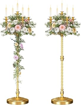 mopam 2Pcs Gold Floor Candelabra, 5 Arms Antique Candlestick Holder