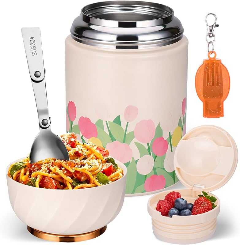 Mity rain 17oz Insulated Thermo Food Container for Hot Food & Drinks | Leak-Proof Stainless Steel Adult Thermo with Foldable Spoon,Foldable Fork, Suitable for Lunches, Travel Beige