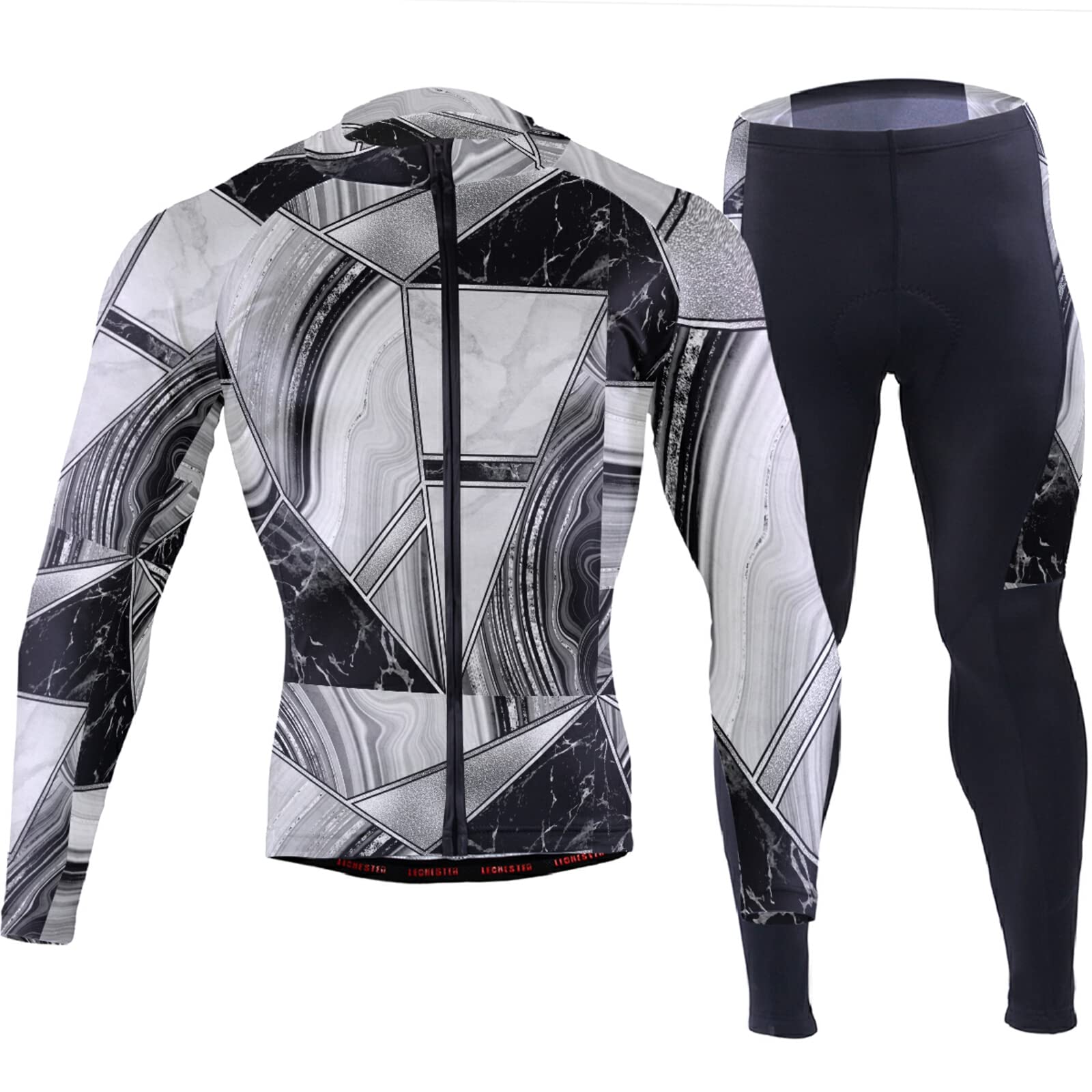Silver White Lines Marble Granite Agate Black Grey Paint Triangle Tile Men Cycling Jersey Clothes Long Padded Pants Sets Quick Dry Bike Riding Shirts Clothes Long Sleeve Outfit Full Zipper Jacket(XL)