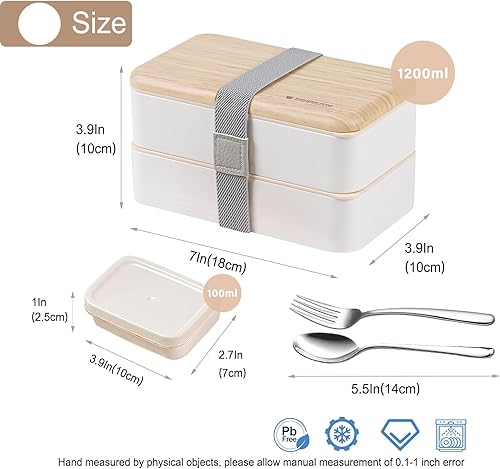 Miniatura 5 de Lonchera Bento original estilo japonés de 2 capas con utensilios, cuchara y tenedor, divisor para ensalada para hombres y mujeres (blanco)
