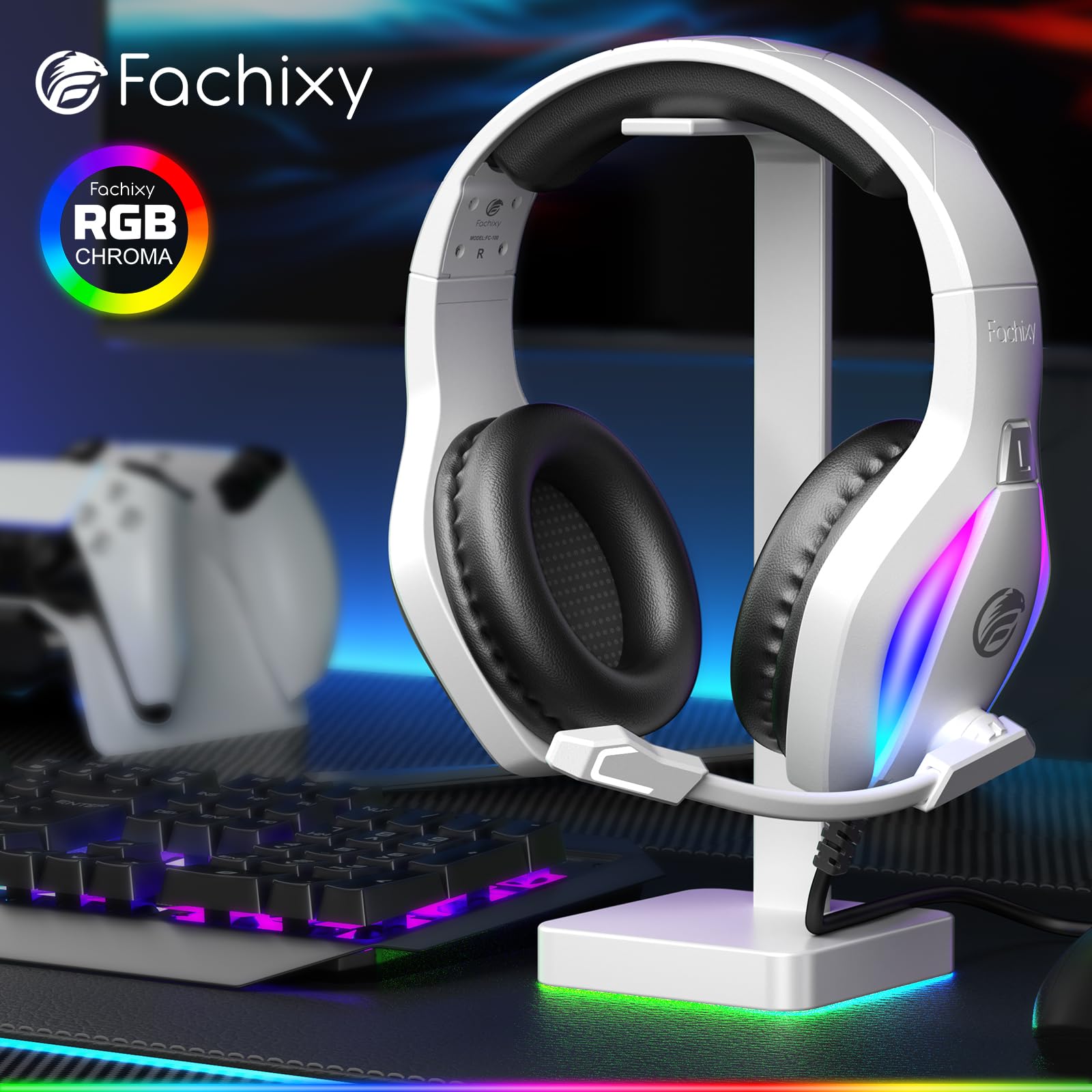 Fachixy 「2024 New」 FC100 Gaming Headset für PS4/PS5/PC/Xbox/Nintendo Switch, PS4 Kopfhörer mit Kabel und RGB Licht, Stereo Surround Kopfhörer mit Mikrofon, Noise Cancelling Headphones - Weiss