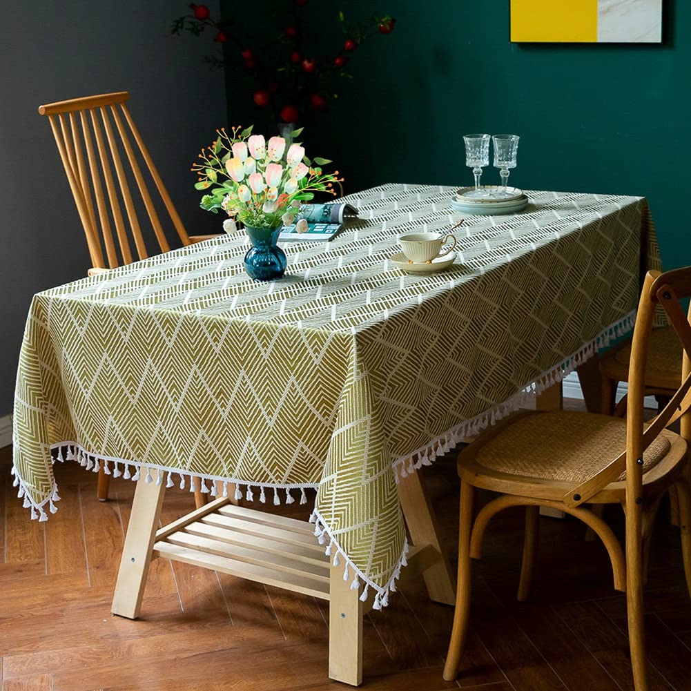 MiDuoHU Tablecloth Nordic style Rectangular Tablecloth Cotton Linen Wave Jacquard Washable Table cloth with Tassel Edge, for Home Kitchen Decoration(A,140x220cm)