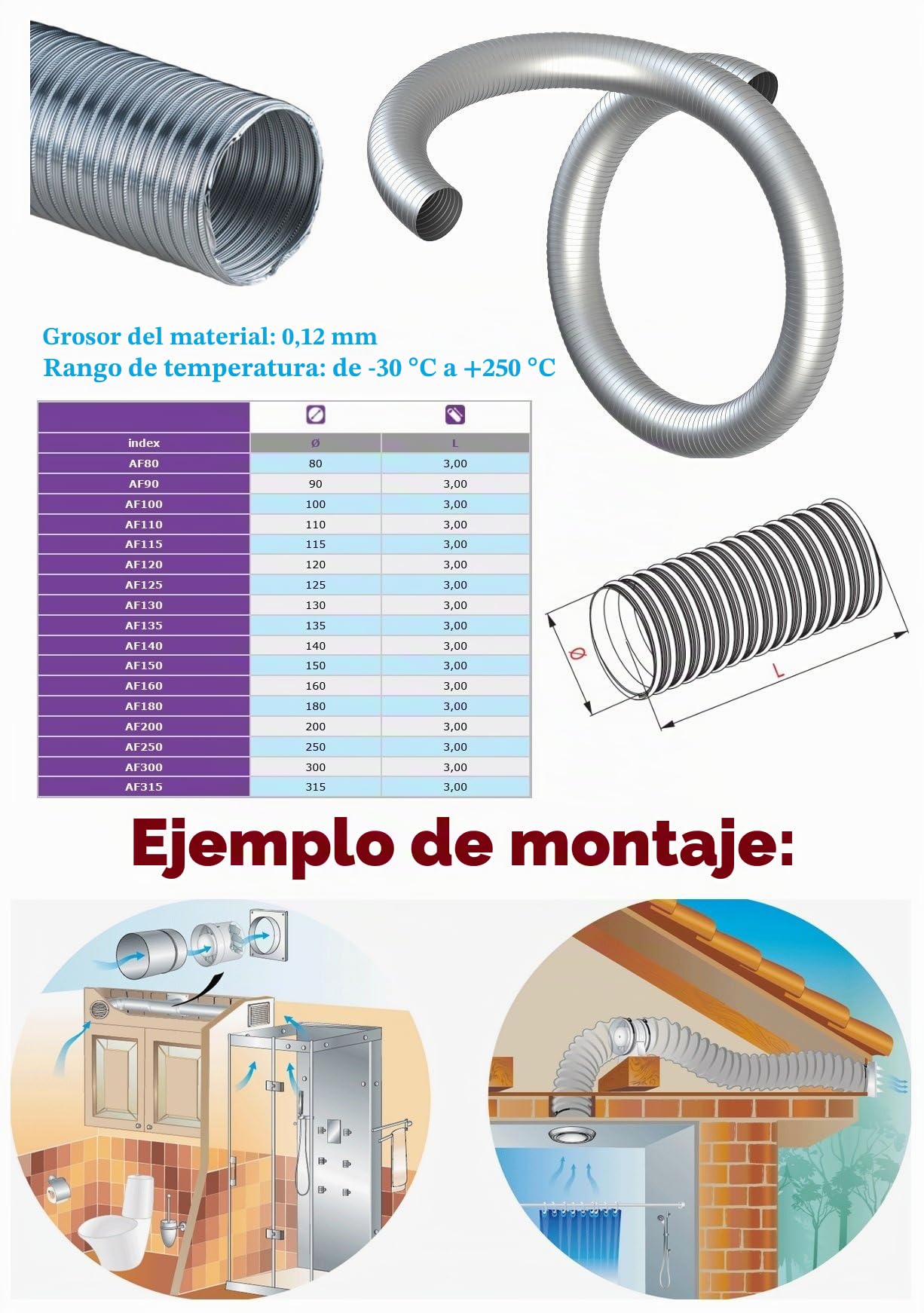 Tubo flexible de aluminio de 2,60 m y 200 mm de diámetro, resistente al calor