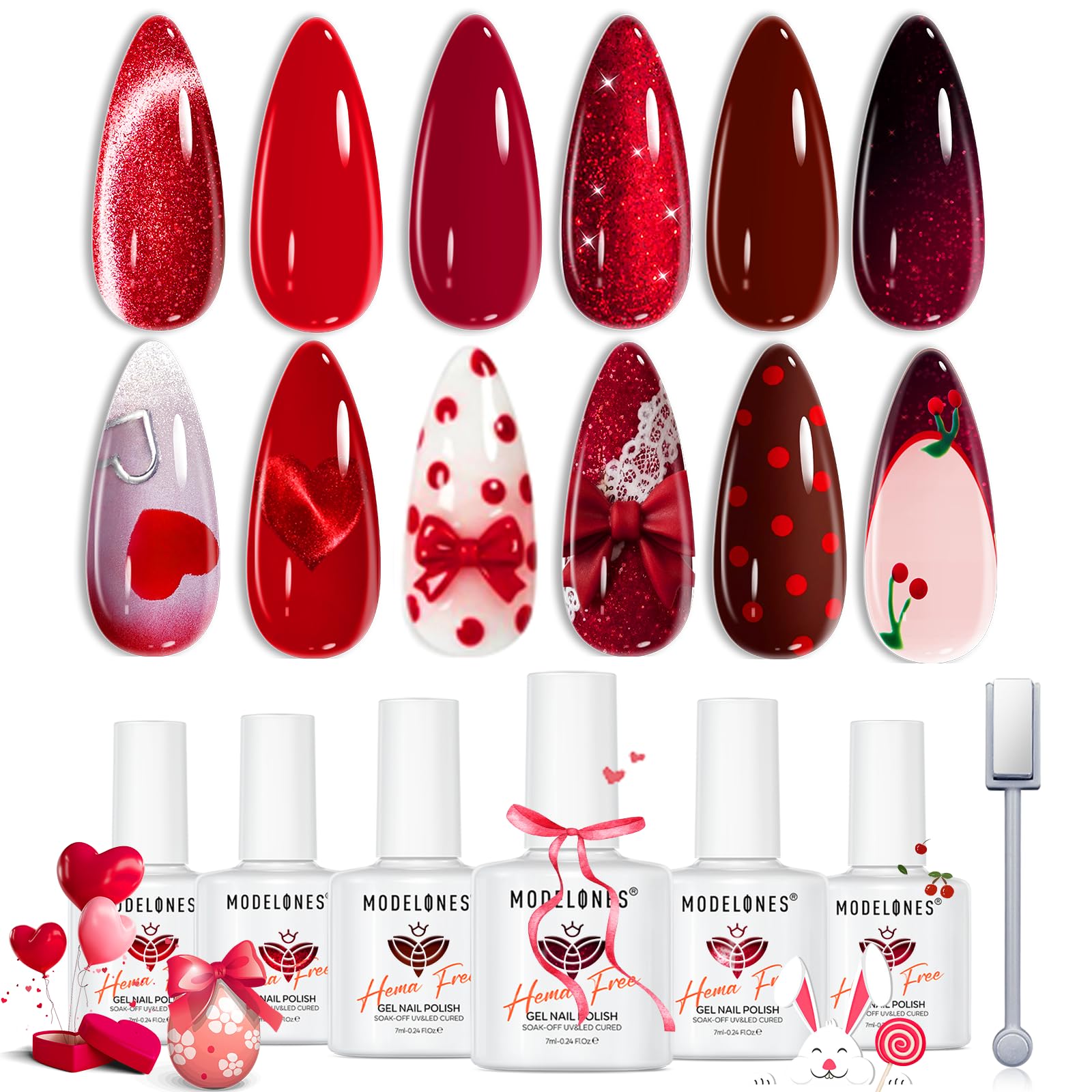 modelones Red Gel Nail Polish Set 6 Colors Burgundy Cherry Dark Red Cat Eye Glitter Color Changing 2026 Spring Hema&TPO Free Gel Polish Kit with Magnet Soak Off Nail Art DIY Gifts
