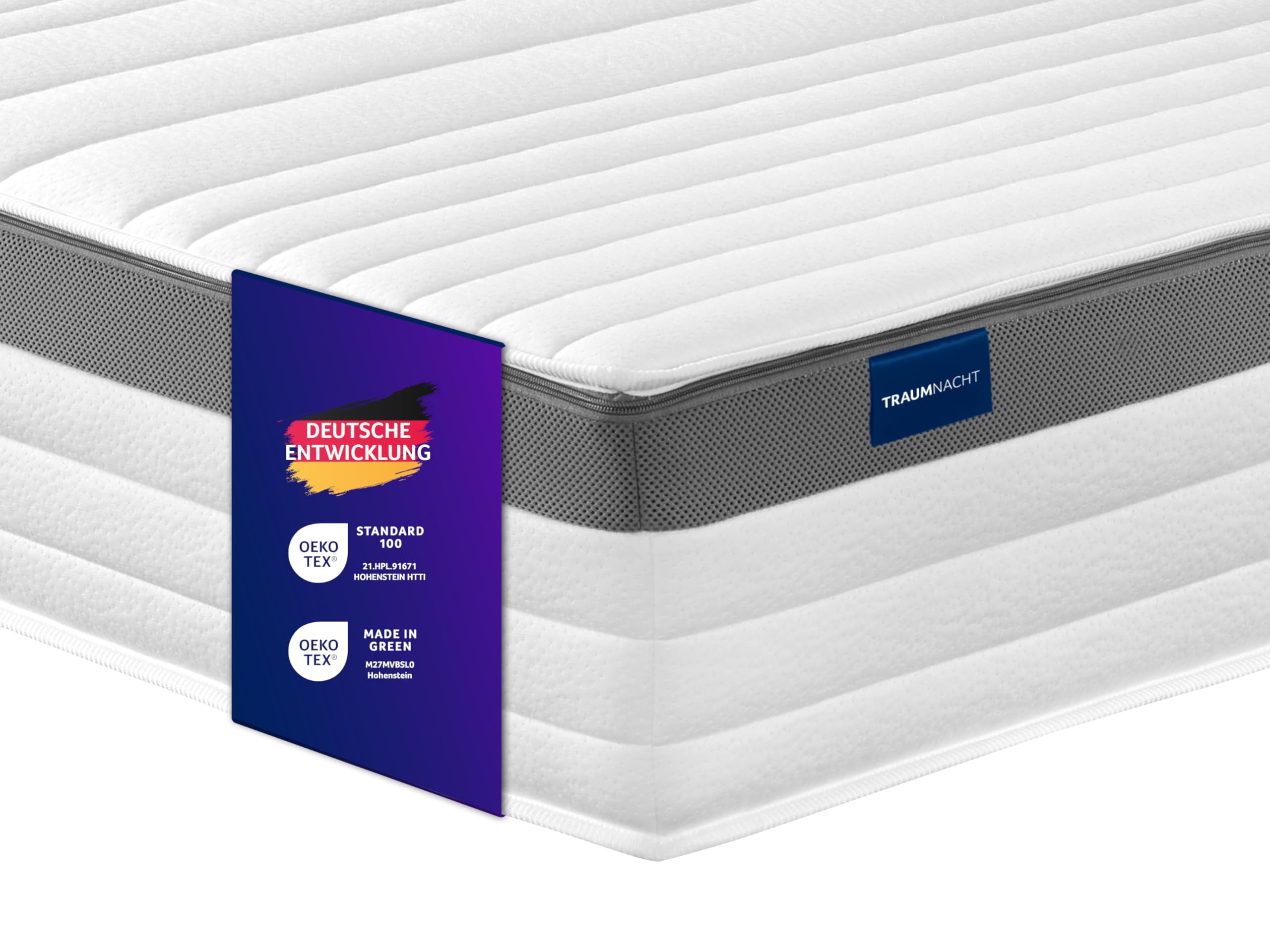 Traumnacht Premium 7-Zonen 500er Tonnentaschenfederkernmatratze, Härtegrad 4 (H4), 90 x 200 cm, Öko-Tex Zertifiziert, produziert nach deutschem Qualitätsstandard