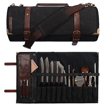 Manjushri Elegant and Light 12 Slots Professional Waxed Canvas & Genuine Leather Chef Knife Roll Bag Case with 4 Zipper Pouch Knife Organiser, Walnut Brown, 17'Width x 27'Length