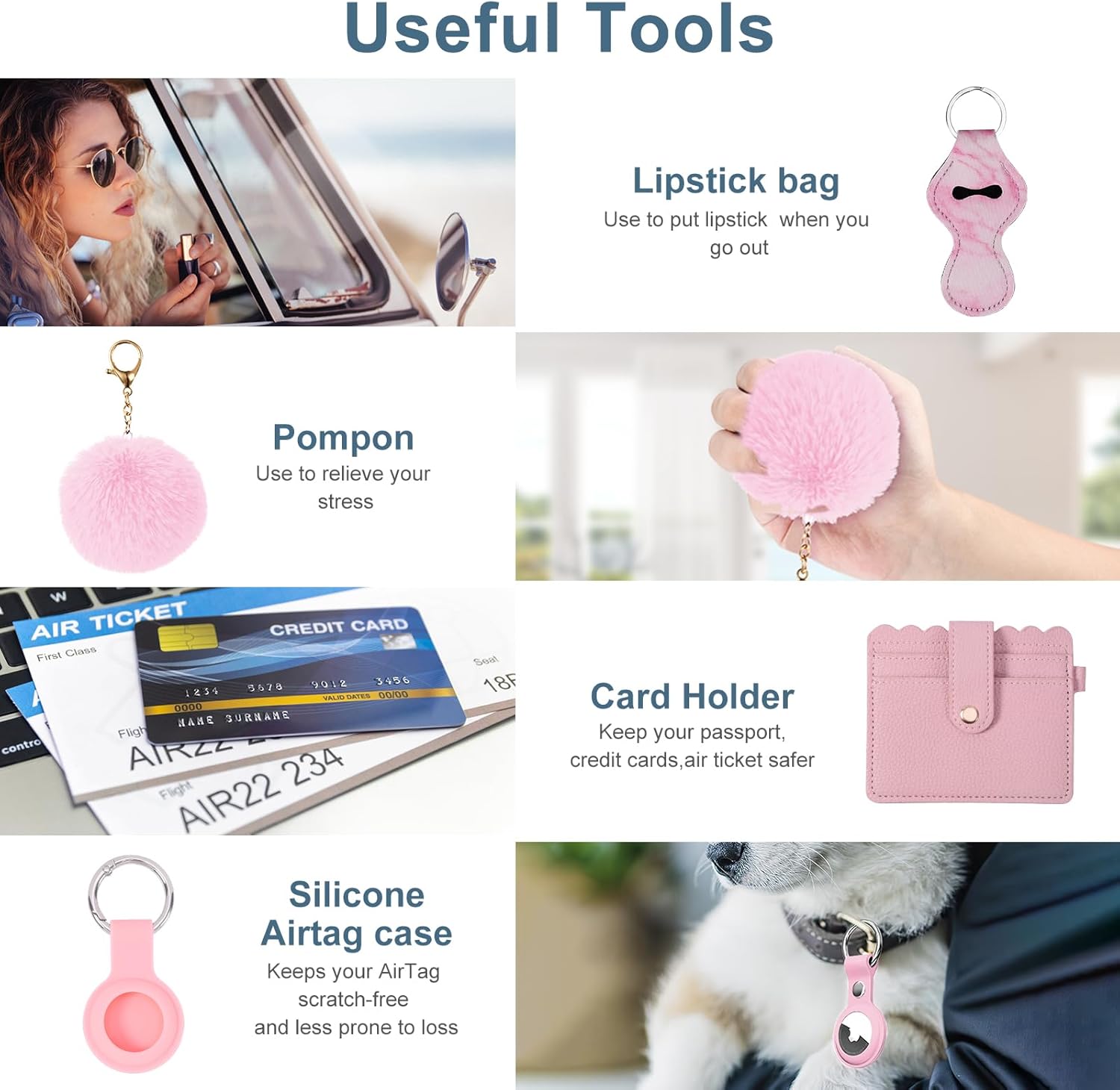 Safety Keychain Set for Women with Personal Alarm, Pom Pom, Card Wallet, Bottle Opener, Bracelet Wristlet Keyring - Image 4