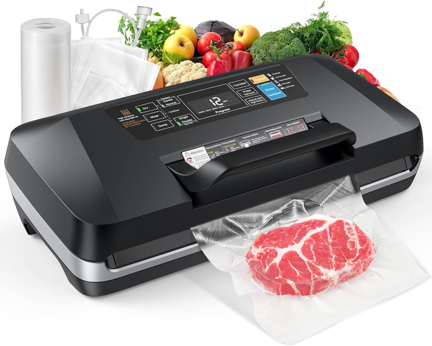 ROUUO 95KPa Vacuum Sealer, Automatic Food Vacuum Sealer Machine with Double Seal Strip, 10 Modes for Wet/Dry/Canister Food, Built-in Cutter & Roll Storage, Complete Starter Kit – 230W Fast