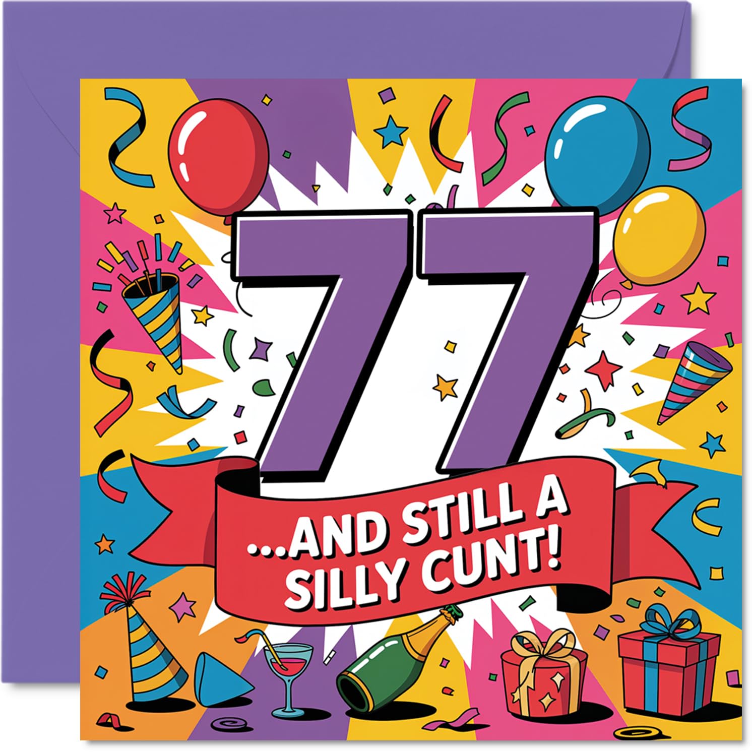 Cheeky 77th Birthday Card - Turning 77 and Still Up to Mischief - Bold, Colourful Design with Playful Humour - 145mm Square, Envelope Included