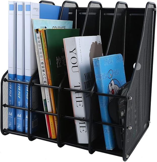 PLSOPPKG 4 Compartments Mesh Desk Organiser Magazine File Rack Holder, Metal Desk Book Sorter Storage Shelf for Home Office School, Office Desktop Document Paper File Storage Letter Tray Organizer
