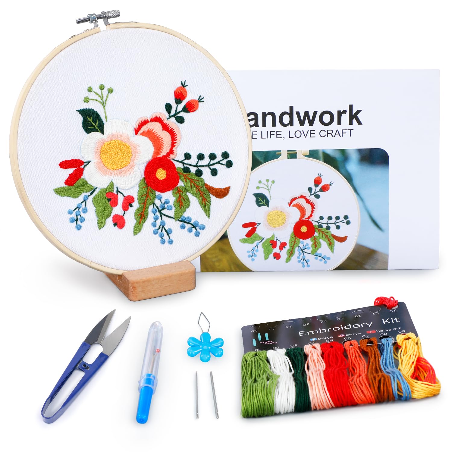 Embroidery Kit for Beginners, Flowers and Leaves Embroidery Practice Kit, Hand Floral Embroidery Starter Kit for Adults with Video Step by Step Instructions, Hoops, Threads and Needles (BEF014)