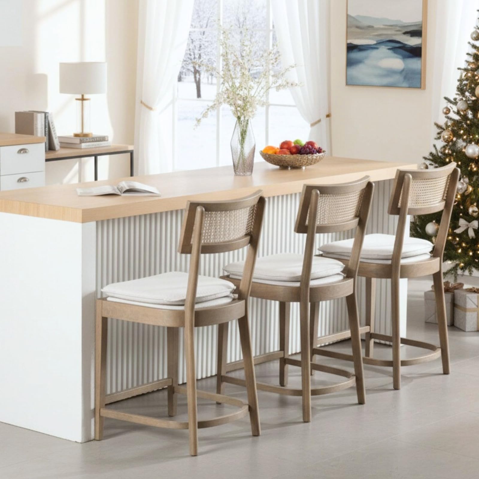 DAYALANE Rattan Bar Stools Set of 4, 26'' Counter Stools with Cane Back, Upholstered Counter Height Bar Chairs for Kitchen Island/Home Bar/Restaurant,