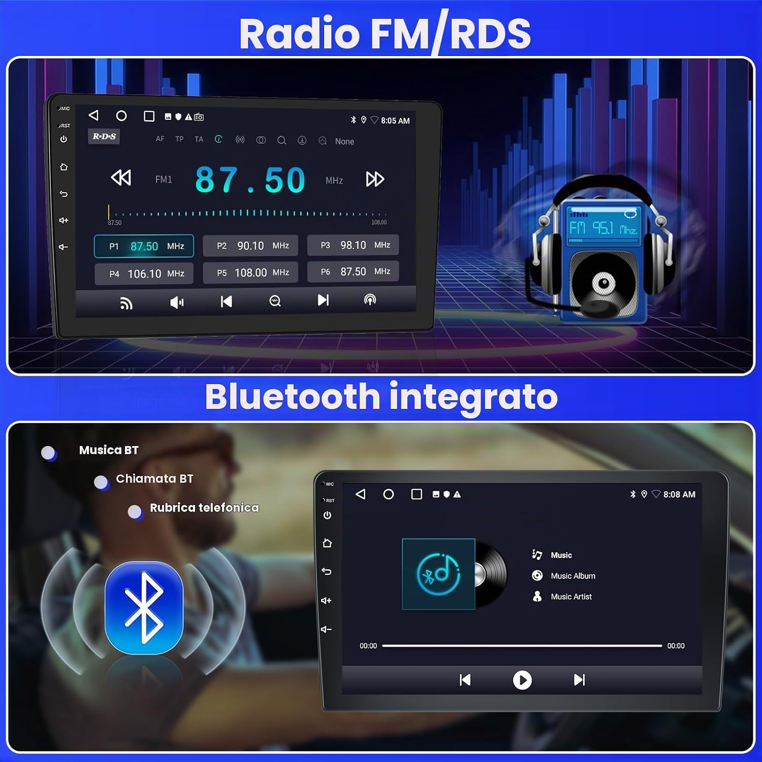 Screenshots of FM/RDS radio interface and Bluetooth music playback on the car radio.