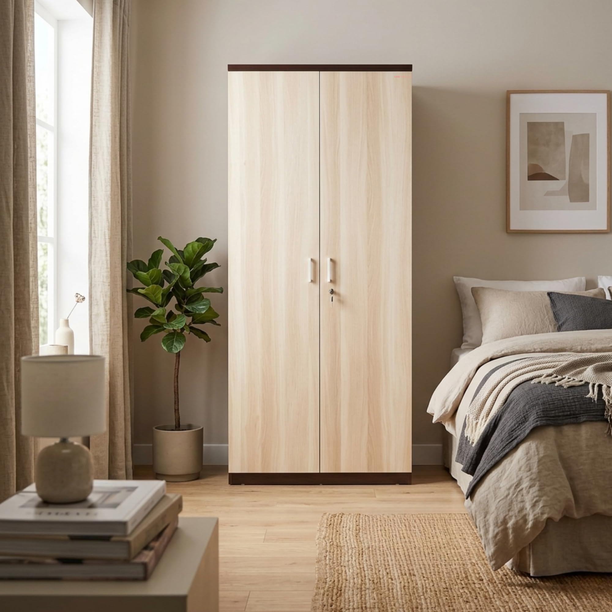 2-Door Wooden Wardrobe for Bedroom Engineered Wood Clothes Almirah with Hanging Rod, Multi-Storage Shelves & Lockable Storage Natural & Wenge Finish, Without Mirror, (75 x 30 x 19 Inch)-image-21