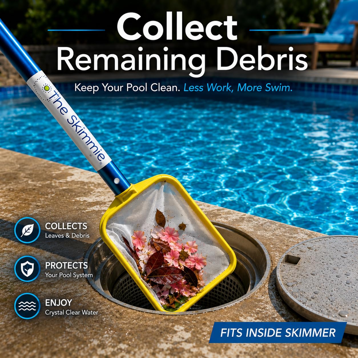 Kleiner Pool-Skimmer tiefes Netz und Haken zur Reinigung der Skimmer / 2 universelle Skimmergriffe / Skim rund um den Pool und Whirlpool mit der leichten Stange