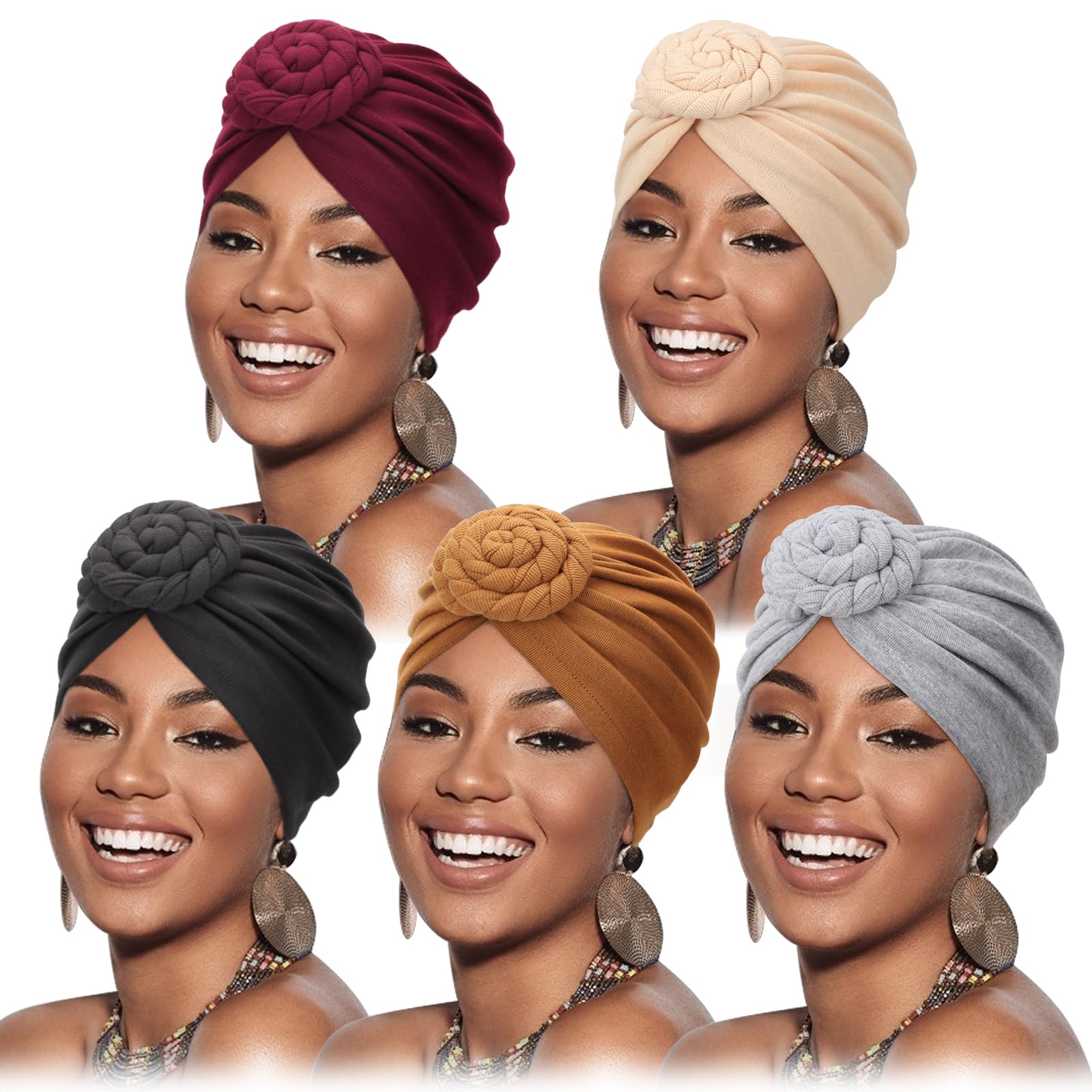 DRESHOW 5 Pack Knotted Headwraps for Women African Turban Pre-Knotted Beanie Headwraps Hair Covers