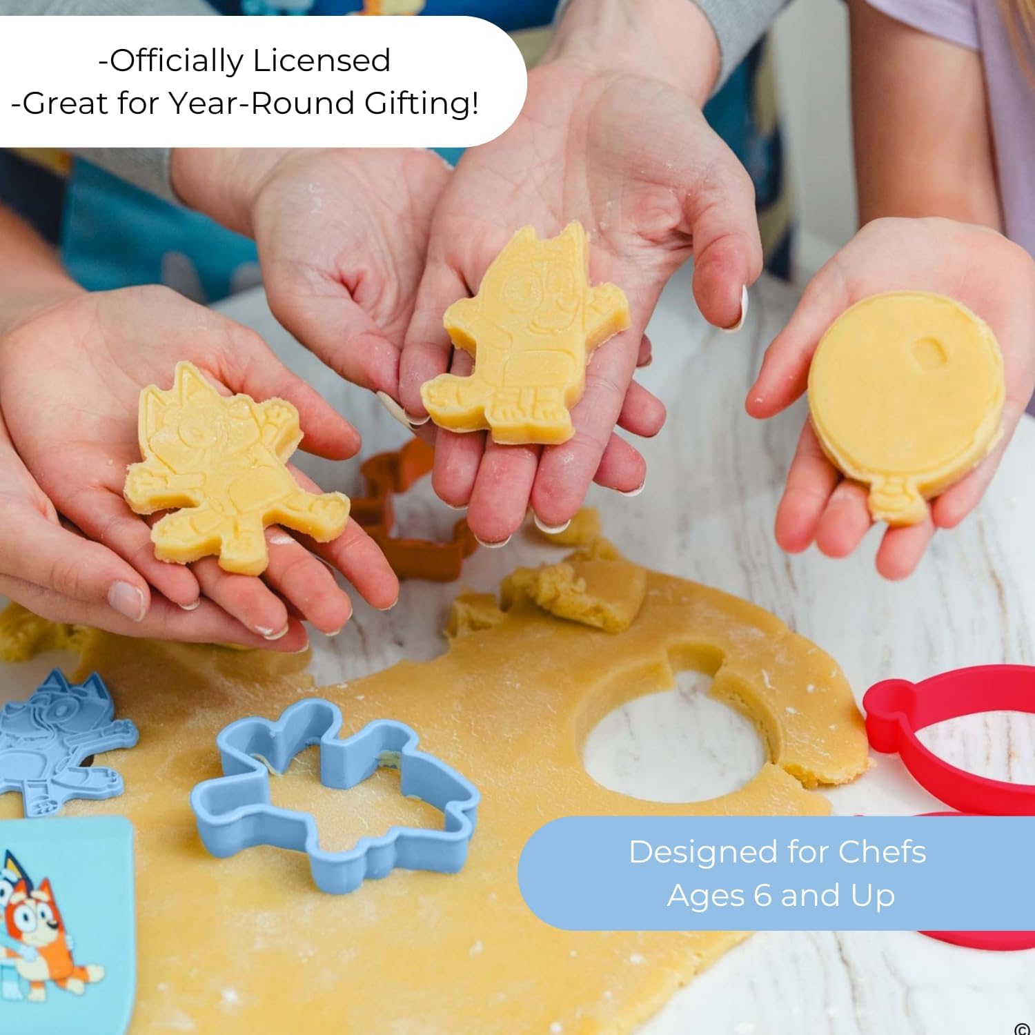 Handstand Kitchen Bluey Cookie Baking Set with Three Bluey Themed Cookie Stamp Cutters and Nylon Cookie Spatula