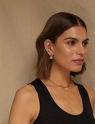 Miniatura 2 de Aretes de aro gruesos de oro para mujer, chapados en oro de 14 quilates, plata de ley 925, aros ligeros, aretes de cadena de clips de papel