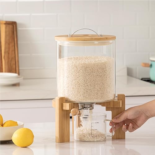 Miniatura 3 de Dispensador de arroz de vidrio con soporte de madera, contenedor de harina y cereales con taza medidora de vidrio, despensa, organizador de