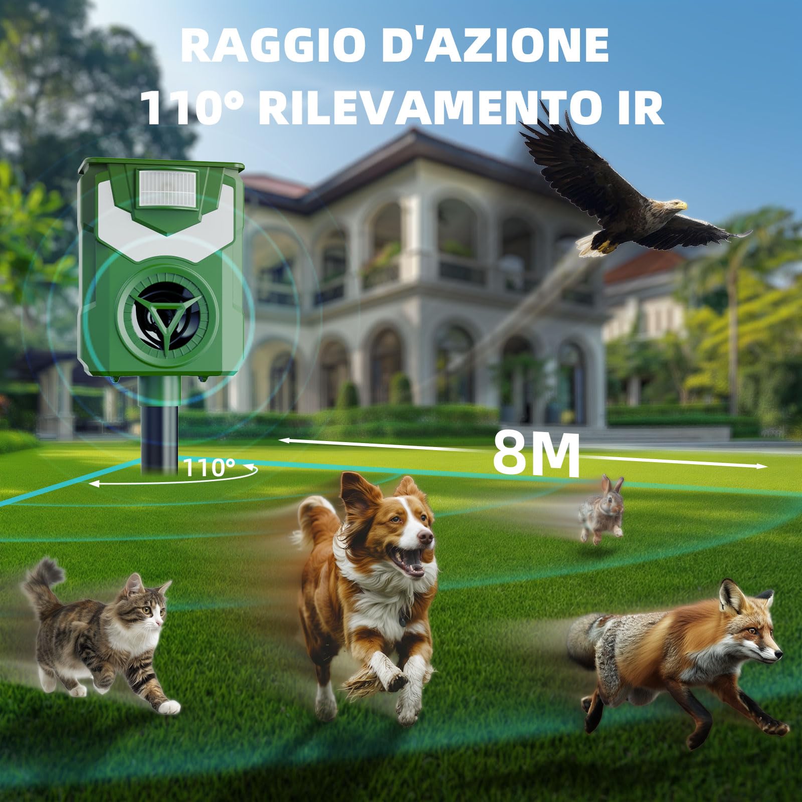 Repellente per Gatti, Dissuasore per Gatti per Giardini, Dissuasori per Piccioni Ultrasonico Solare con Luci Lampeggianti, IP44 Impermeabile per Gatti, Cani, Piccioni, Ratti e Volpi